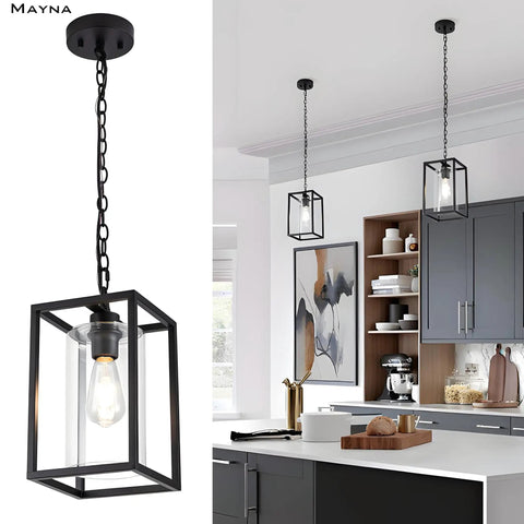 One Light Farmhouse Pendant Light With Black Metal Cage And Glass Shade, Adjustable Chain, shown in modern kitchen setting