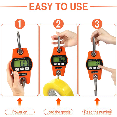 Heavy Duty Digital Crane Scale 660 Pound Capacity With Slick Backlit Lcd Screen showing steps to use and displaying weight.