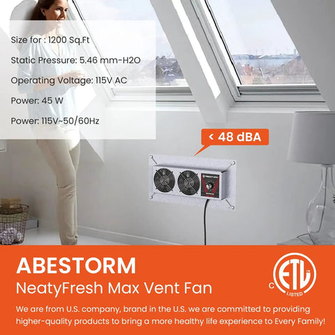 Crawlspace Ventilation Fan With Humidistat And Dehumidistat, 220 CFM, installed near attic window, ETL listed, quiet operation