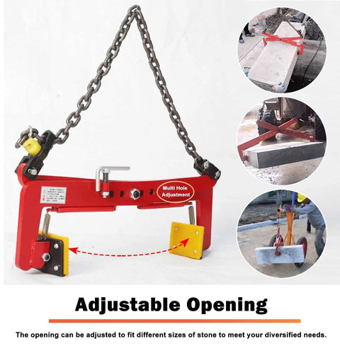 Heavy Duty Adjustable Stone Lifting Clamps For Granite And Steel Plates With Self Locking Nut Design Built Like A Tank And Rated For 1125kg, showing adjustable opening for various stone sizes.