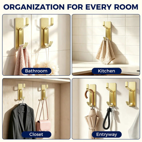 Ditch the Drill with These Heavy Duty Adhesive Towel Hooks for Bathroom 4 Pack Stainless Steel Wall Mounts that Hold Heavy Loads Super Easy Peel Stick Hangers for Shower Gear and Keys in various room settings.