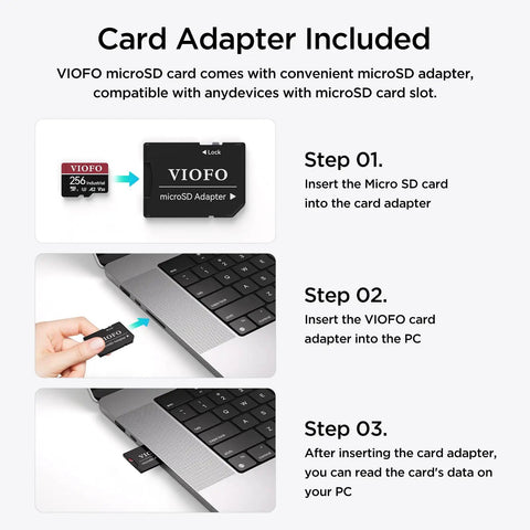 Diagram showing how to insert Industrial Grade 256GB MicroSD Card With Adapter for dash cams into a laptop's card slot.