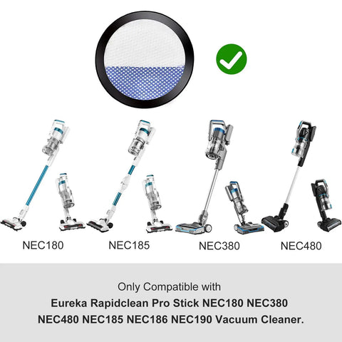Replacement Filter For Eureka Stick Vacuum NEC180 NEC380 NEC480 NEC185 NEC186 NEC190 with compatible vacuum models illustration.