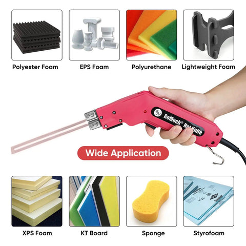 Heavy Hitter Electric Hot Knife Foam Cutter With 200 Watt Adjustable Heat shown cutting various foam types in hand.