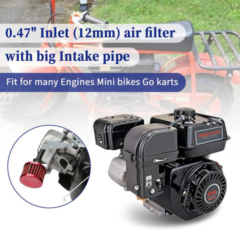 Red Air Filter Upgrade for 301cc 420cc Mini Bike Go Kart Engines with 12mm inlet and intake pipe, black engine