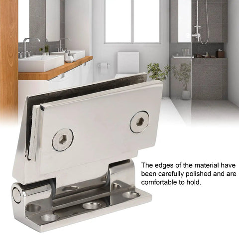 Close-up of Heavy Duty Stainless Steel Glass Door Hinges For 90 Degree Frameless Showers adjustable and polished for easy grip.