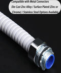 Rock Solid Flexible Corrugated Electrical Conduit With Heavy Duty PVC Cladding for Indoors and Outdoors, showing galvanized metal connector.