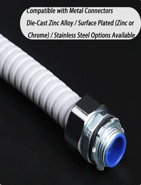 Rock Solid Flexible Corrugated Electrical Conduit With Heavy Duty PVC Cladding for Indoors and Outdoors, showing galvanized metal connector.