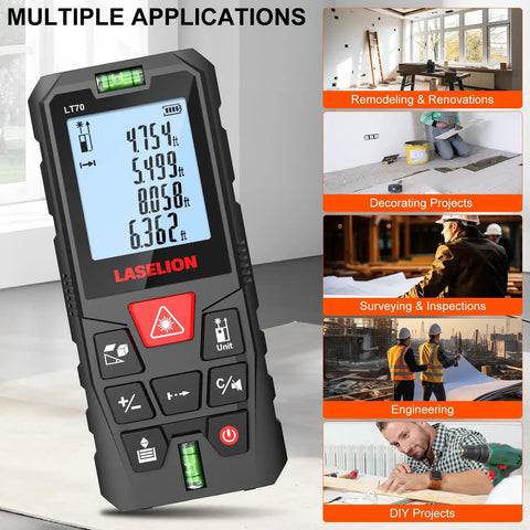 Heavy Duty Laser Measure Tool With Dead On Precision And 229 Foot Range LCD display with buttons and bubble level for precise measuring.