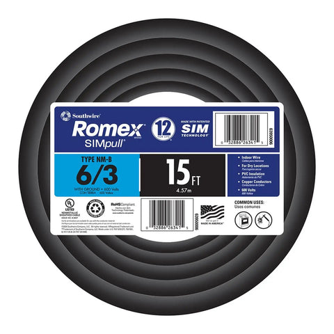 15 Ft Six Three Black Stranded Romex NM-B With Ground Copper Wire For Dry Indoor Exposed Or Concealed Installations SIMpull 600V 90C Rated