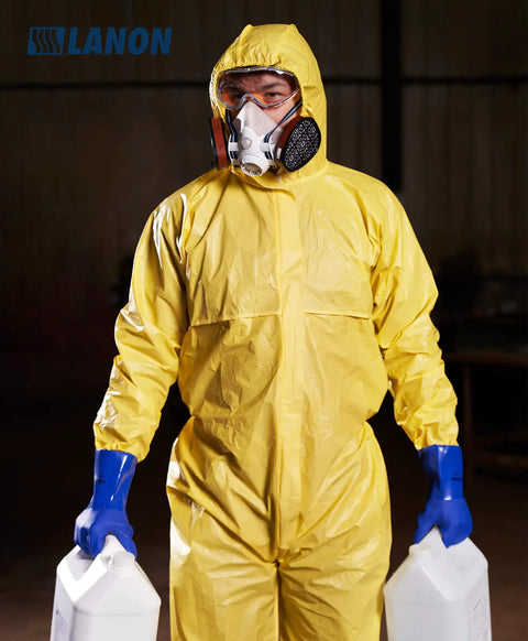 Technician in yellow suit wearing Workhorse PVC Chemical Resistant Gloves 6 Pairs Grippy Non Slip Rubber Work Gloves for acid alkali protection