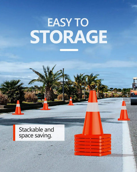 12 Pack 18 Inch Traffic Safety Cones With Reflective Collars, Durable PVC Construction, Orange Cones stacked on road, palm trees