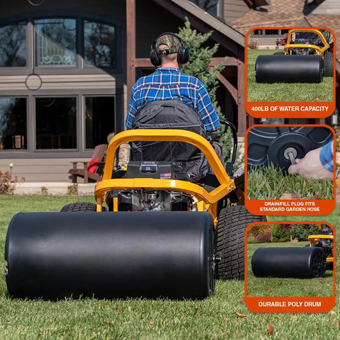 Tow Behind 18 Inch By 36 Inch Poly Lawn Roller Water Filled To 400 Lb Weight with tractor in residential yard