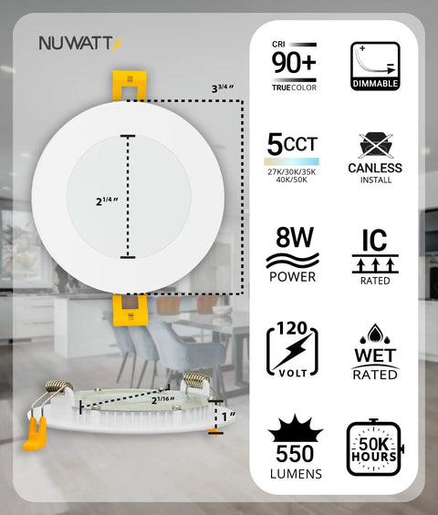 12 Pack 3 Inch Ultra Thin LED Recessed Lighting Kit With Dimmable Canless Wafer Lights Five Color Temperatures From 2700K To 5000K 550 Lumen Output IC Rated White Trim Metal J Box ETL diagram showing CRI, wattage, and voltage.