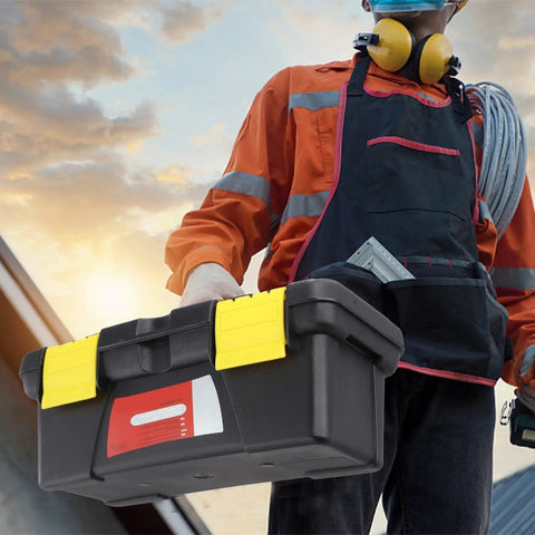 10 Inch Plastic Toolbox With Dual Layer Organization held by worker at sunrise, portable tool storage for electricians and carpenters