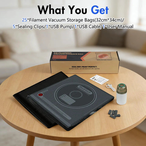 Reusable Vacuum Storage Bags For 3D Filament Top Tier Kit With Hand Pump And Clips, includes 25 bags, clips, pump and manual.