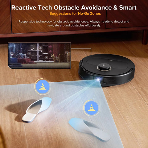 Roborock Qrevo S5V robot vacuum and mop, black, front view on wood floor with 12,000 Pa suction