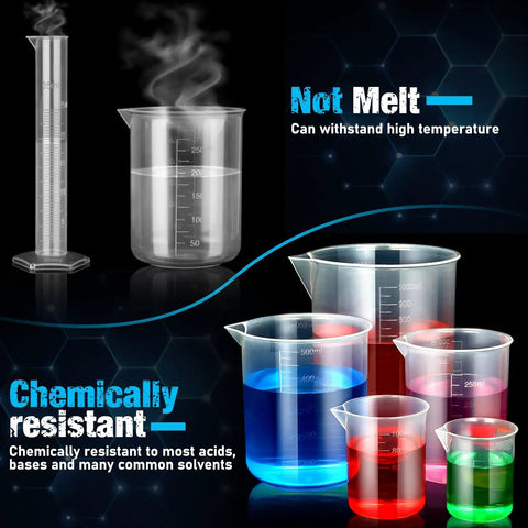 Plastic Graduated Cylinders And Beakers Kit With 5 Pipettes, showing steam emitting, colorful liquids, and chemical resistance features.