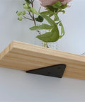 Heavy Duty Floating Shelf Brackets Four Pack Concealed Metal Triangle Wall Mounts No Sweat Install For Bedroom Living Room DIY Decor, matte black support with wooden shelf.