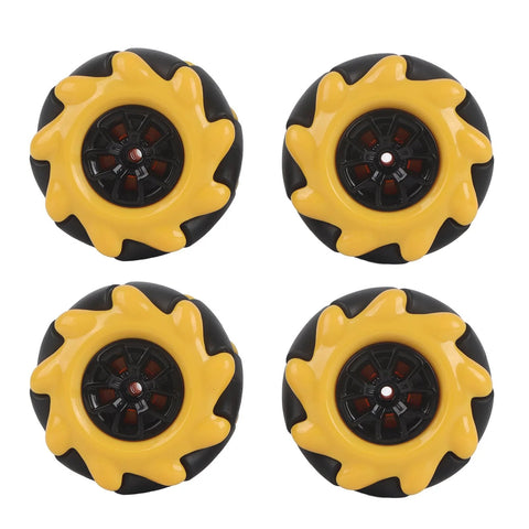 Omnidirectional mecanum robot wheels, four 48mm units with yellow outer rings and black centers (top-down view)