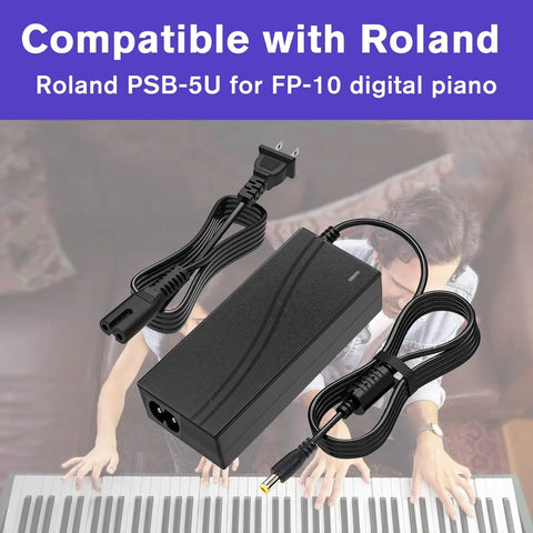 12V 2A DC Power Adapter For Roland FP 10 And PSB 5U with cables against digital piano background