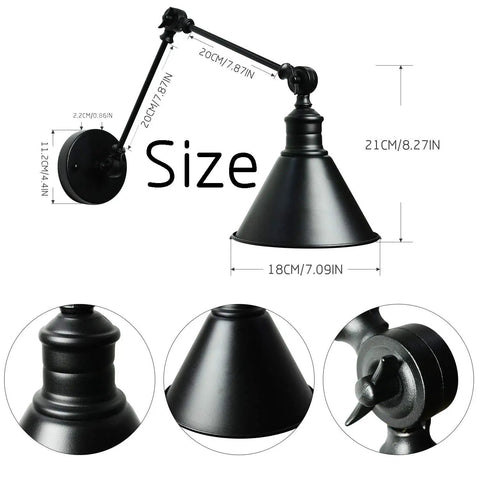 Diagram of Frosted Black Vintage Industrial Wall Lamp Set, Adjustable Sconce Lighting showing dimensions and adjustable features.