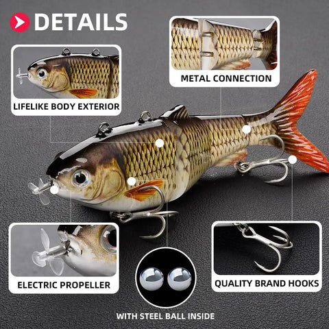 Electric Robotic Swimbait Lure Five Point One Inch USB Rechargeable Auto Swimming Lure With LED Light For Bass Trout Pike Fishing Tackle Color T620 Durable showing lifelike body with metal connection, electric propeller, and quality hooks.