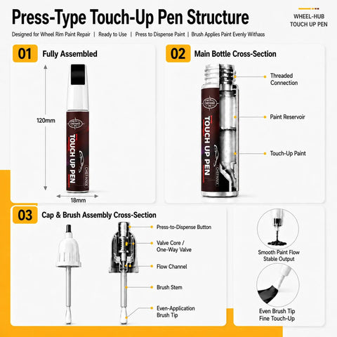 Press-Type Touch-Up Pen Structure, showing cap, brush, and paint reservoir for Light Silver Wheel Rim Touch Up Paint With Built In Brush For Knocking Out Curb Rash And Scrapes On Alloy Rims Plus Faster Five Minute Set For A Clean Showroom Grade Finish Daily.