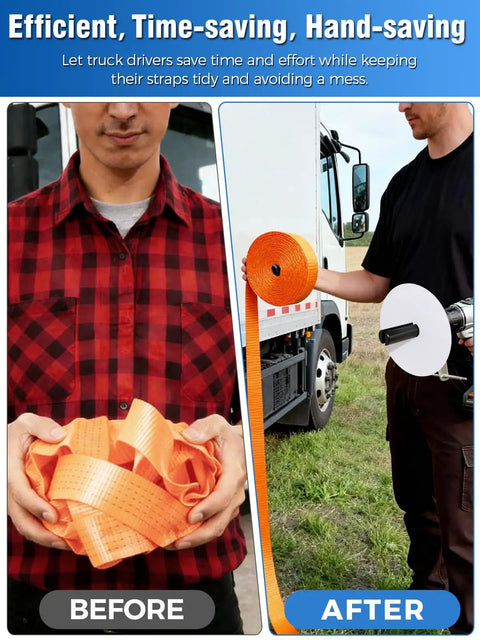 Before and after using Ratchet Strap Winder Drill Attachment For Quick Tie Downs No Mess High Efficiency Strap Roller Organizer.
