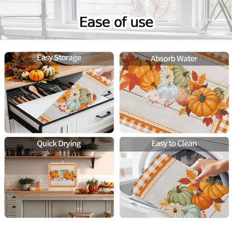 Autumn Thanksgiving Dish Drying Mat Must Have For Kitchen Counter Orange Pumpkin Pattern With Sage Green Wood Grain Finish 18 X 24 Inches Absorbent Microfiber Cushioned Pad For Dishes Glassware Utensils Machine Washable