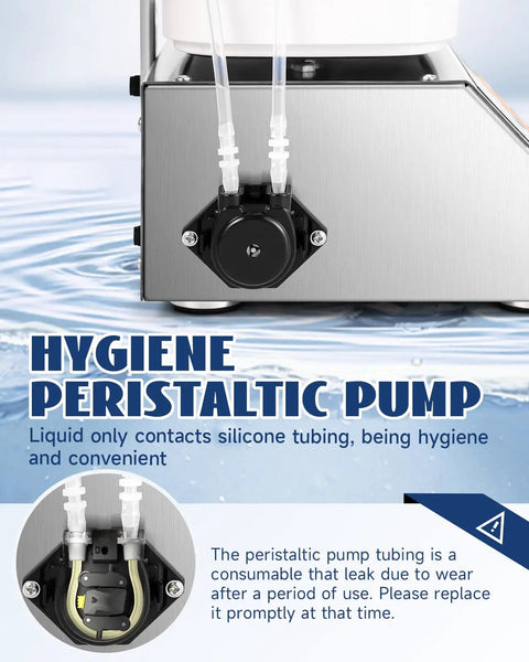 No Hassle Auto Fill Peristaltic Pump Liquid Filling Machine For 1-50 Ml Bottles showing hygienic silicone tubing and pump connections.