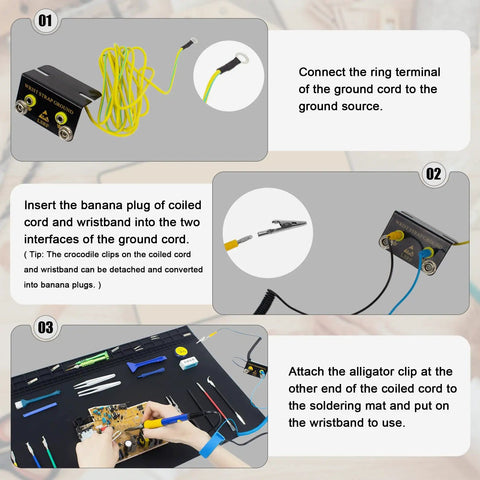 Setup guide for Extra Large Soldering Mat 27.6 Inches By 15.7 Inches With ESD Wrist Strap Grounding Kit showing connection steps.