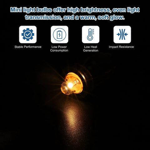 Genuine Top Shelf Slick Four Pack E10 Miniature Screw Base Light Bulbs 3 Volt 0.3 Amp Warm Yellow Glow Lamps for Electronics Tinker Project Gear and Badass DIY Builds glowing in dark, highlighting warm amber light.