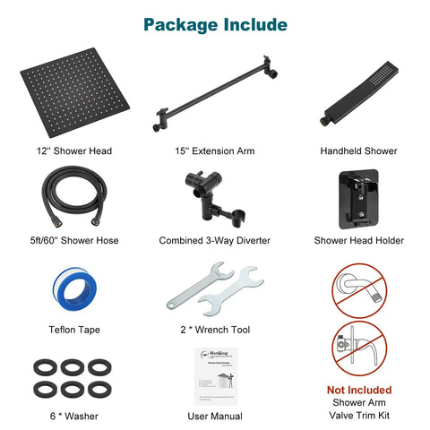 All Metal Dual Shower Head Combo With 12 Inch Rainfall Shower Head And Handheld, Matte Black Finish, package contents overview