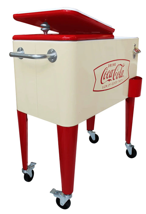 Creamfish 60-Quart Vintage Style Wheeled Cooler with split top lids, cream and red, with Coca-Cola branding, on red legs