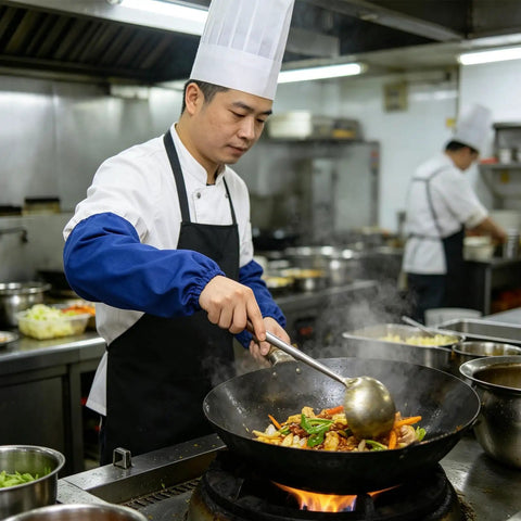 Chef using Tough As Nails Heat Resistant Welding Sleeves Fireproof Arm Protectors Zero Sweat Breathable Wrap Pro Grade Armor For Scorching Shop Grind And Heavy Auto Repair Blue while cooking in a restaurant kitchen.
