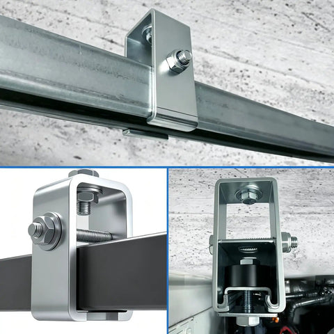 Heavy Duty Strut Channel Trolley Track Hanger And Unistrut Bracket For 1-5/8 Inch Tracks Handling Up To 1300 Lbs, showcasing sturdy metal construction.