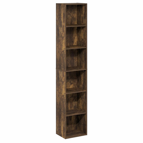 Slick 6 Tier Narrow Closet Organizer In Classic Amber Pine, tall narrow storage rack with six open cubes for efficient organization.