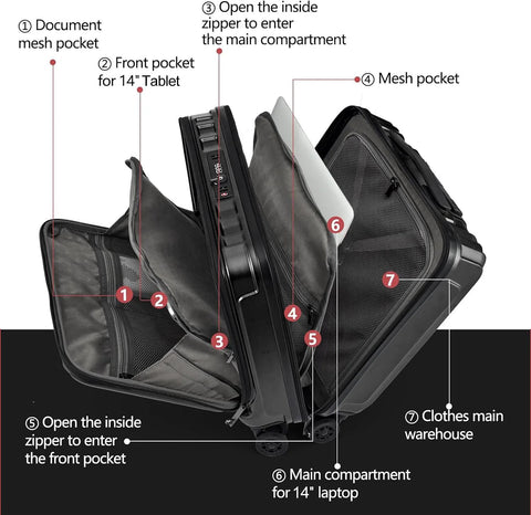 Interior view of dual compartment carry on luggage, showing organized laptop and tablet pockets, designed for efficient business travel.