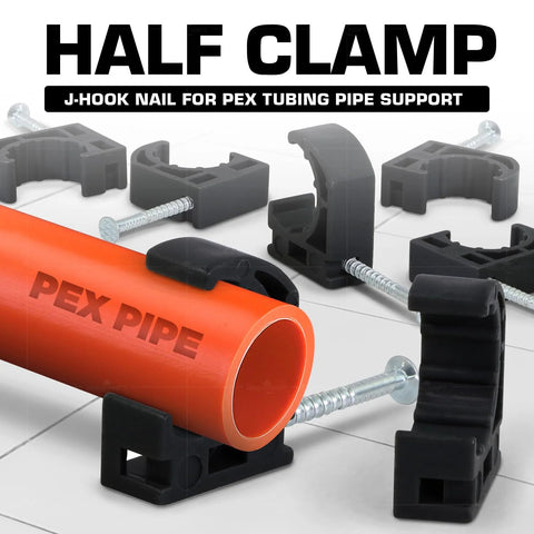 1/2 in black plastic half-clamps with nails for PEX tubing, shown around an orange PEX pipe