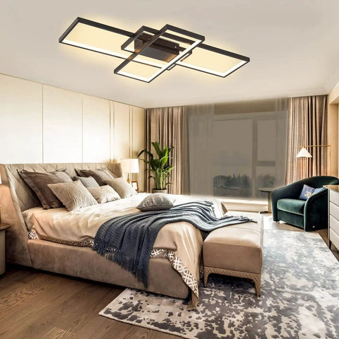 Dimmable Black LED Ceiling Light With Remote Control, Modern Square Flush Mount, in a stylish bedroom setting.