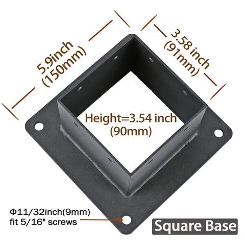 Diagram of 4x4 Stainless Steel Flange Anchor Base For Deck Railing With Screws, Black Finish, showing dimensions and base design.