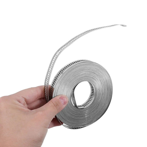 Heavy Duty Stainless Steel Clamp Roll Kit With 32 Foot Adjustable Worm Gear Band For Water Hose And Duct Work Plus Ventilation Pipe Repairs At Shop Or Garage Jobs, coiled roll in hand