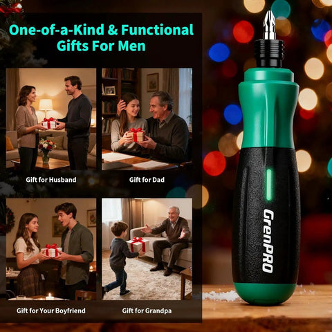 Heavy Duty Cordless Electric Screwdriver Kit With 51 Magnetic Bits And Integrated Led Light, Rechargeable Power Tool Built Tough displayed with gift scenes.