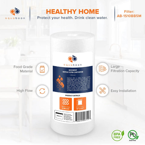 Five Micron Well Water Sediment Filter Replacement Cartridge For Whole House Filtration Ten By Four And A Half Inch No Fuss Install Universal Fit Compatible With DGD5005 And WFHD13001B Twenty Pack, showing packaging and filter specifications.