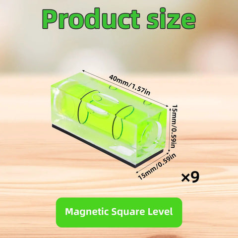 9 Piece Mini Magnetic Square Bubble Spirit Level Set Offering Dead Center Precision For Phonograph Turntables Camera Tripods Drills And Home Repair Jobs Every Time size dimensions showing 40mm x 15mm level.