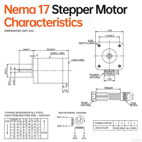 Nema 17 stepper motors set diagram with dimensions and wiring details for CNC and 3D printer applications