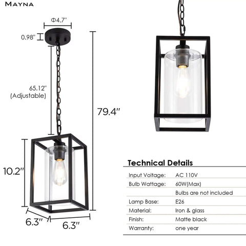 One Light Farmhouse Pendant Light With Black Metal Cage And Glass Shade, Adjustable Chain, Industrial Hanging Fixture Detail