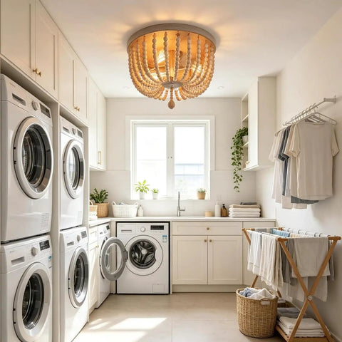 Wood Beaded Chandelier 3 Light Semi Flush Mount Boho Farmhouse Ceiling Light In Oak White Finish in laundry room.