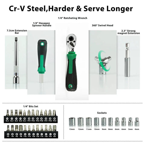 39 Piece Ratcheting Wrench Set With Mini Sockets Magnetic Screwdrivers Power Bits Universal Joints Spinner Extensions shown